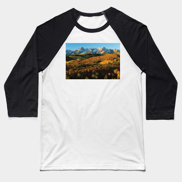 Trees With Mountain Range In The Background At Dusk Baseball T-Shirt by HammiltenJohn